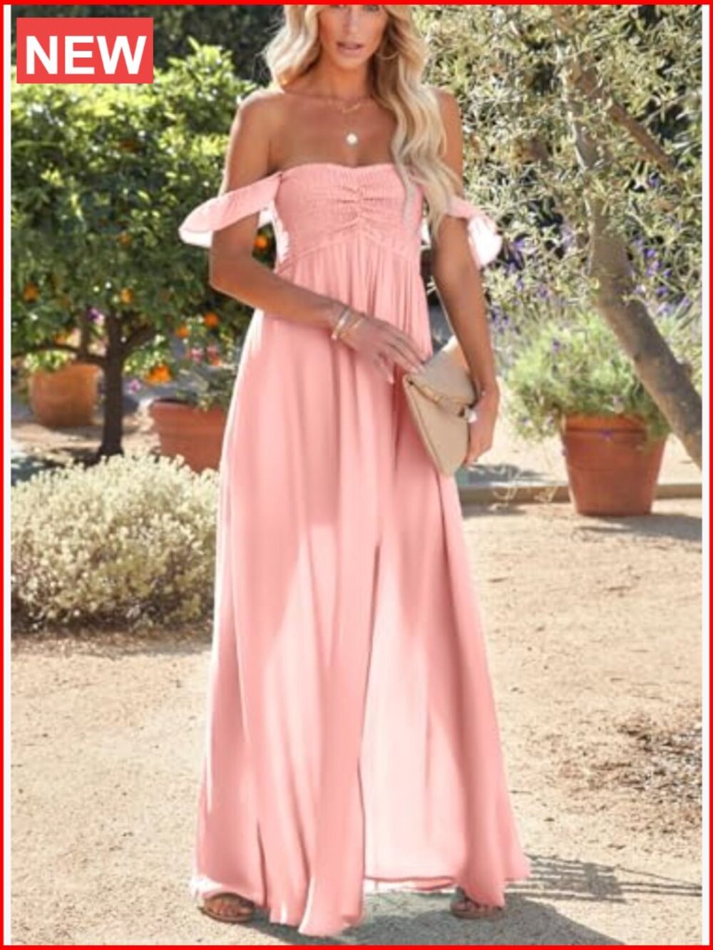 Smocked Off Shoulder Ruffle Maxi Dress Side Slit - Picture 2 of 7